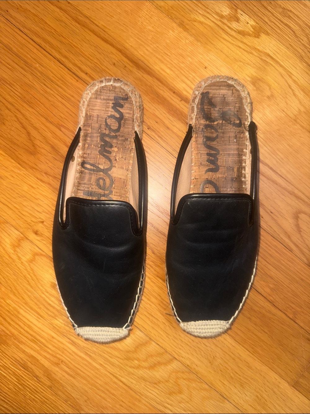 Sam Edelman Black Leather Espadrille Slip-On Mules with Cream Toe